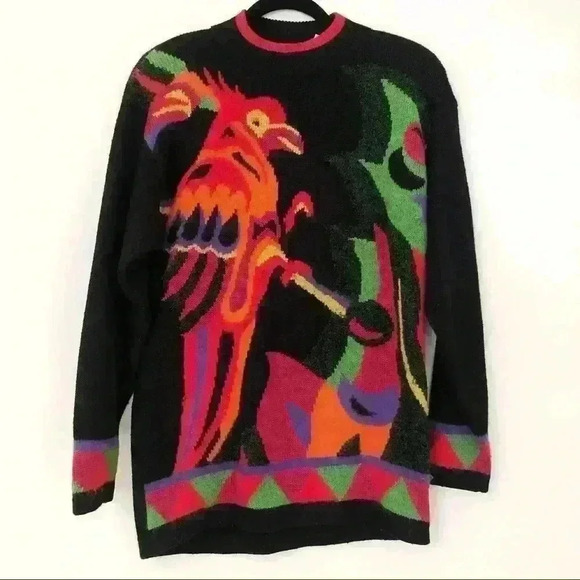 Vintage Abstract Angora and Wool Knit Parrot Sweater - Picture 1 of 5